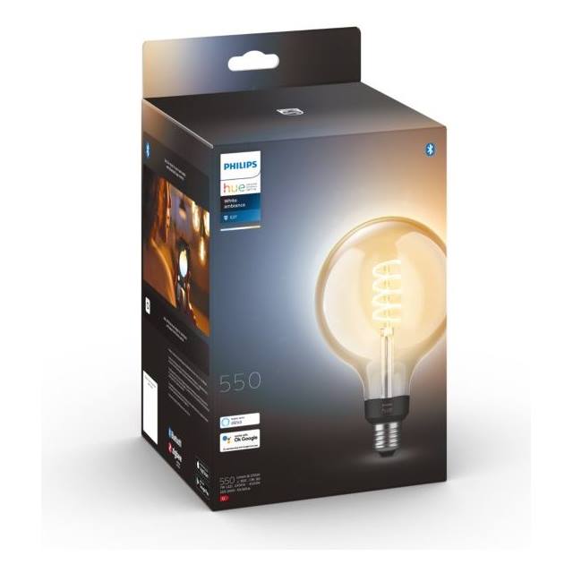 Philips Hue White Ambiance Filament, 7W, E27, G125, klar