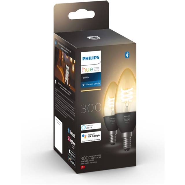 Philips Hue White Filament, 4.5W, E14, Candle, klar - 2-Pack